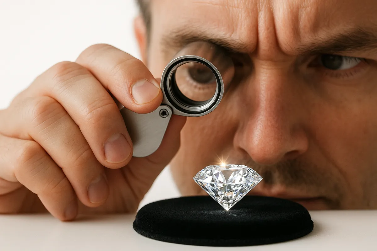 A jeweler's loupe examines a sparkling diamond on a velvet pad, highlighting the importance of detail in pawning.