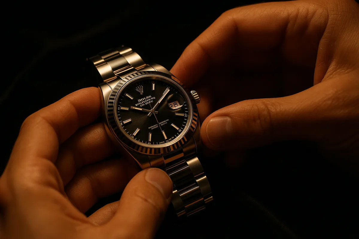 A close-up of a Rolex watch on black velvet, with hands inspecting its detailed craftsmanship.