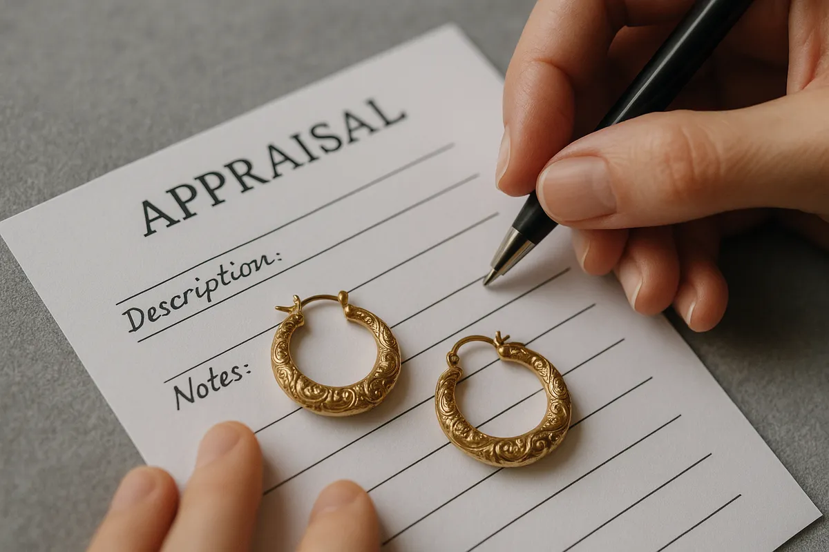 A handwritten appraisal document with vintage gold hoop earrings, illustrating the jewelry selling process.