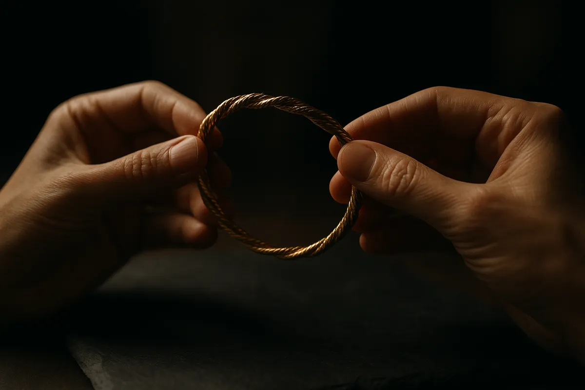 Hands examining a twisted gold bracelet, highlighting its texture and shine, relevant to selling gold jewelry.